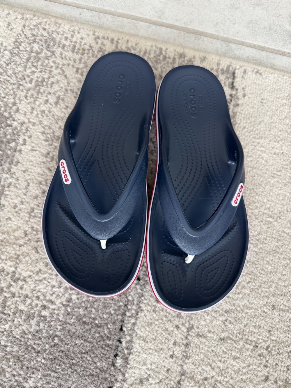 Crocs navy, red, & white flip flops - Picture 1 of 4
